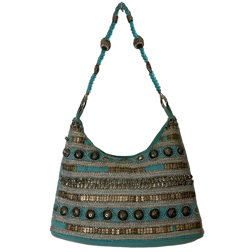 MaggiB bohemian turquoise faux beaded gem shoulder bag with beaded strap